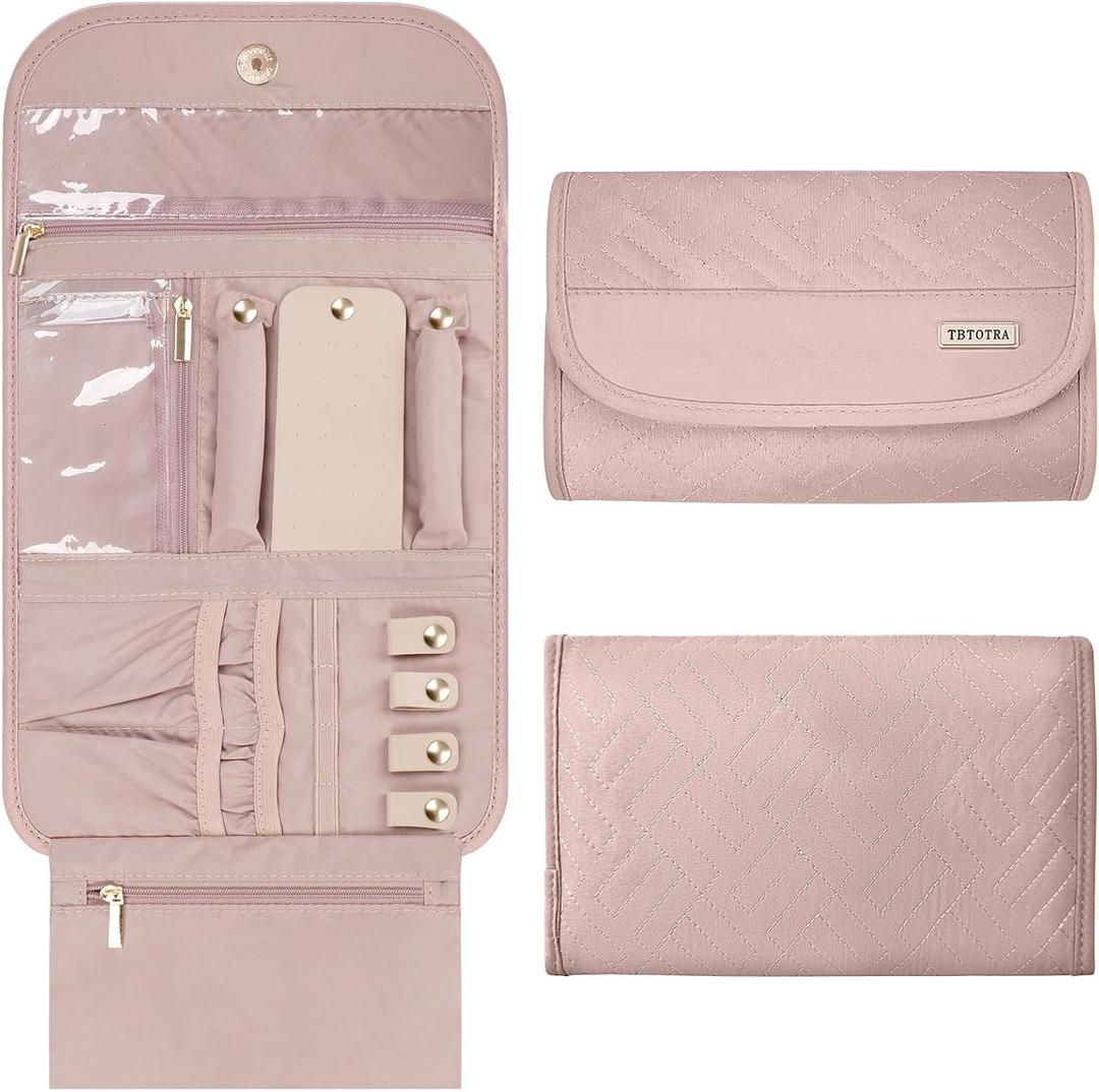 Travel Jewelry Organizer Box, Foldable Travel Case for Earrings, Necklaces, Rings, Bracelets, Pink