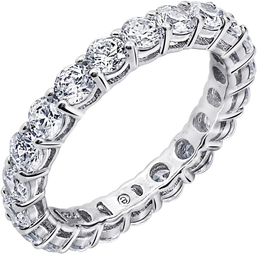 Amazon Essentials Platinum or Gold Plated Sterling Silver All-Around Band Ring set with Round Infinite Elements Cubic Zirconia (6)