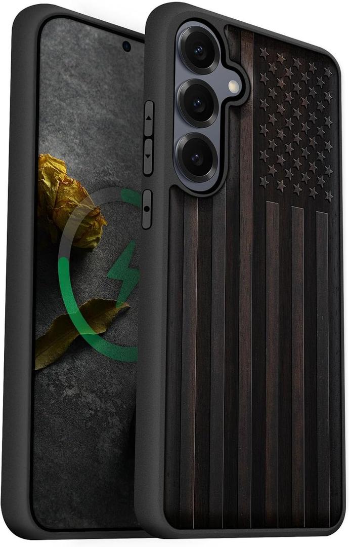 Carveit Magnetic Wooden Case for Galaxy S25+ Samsung S25 Plus Case, TPU Shockproof Cover & Wood Engraved, Compatible with MagSafe Wireless Chargers (American Flag) Blackwood