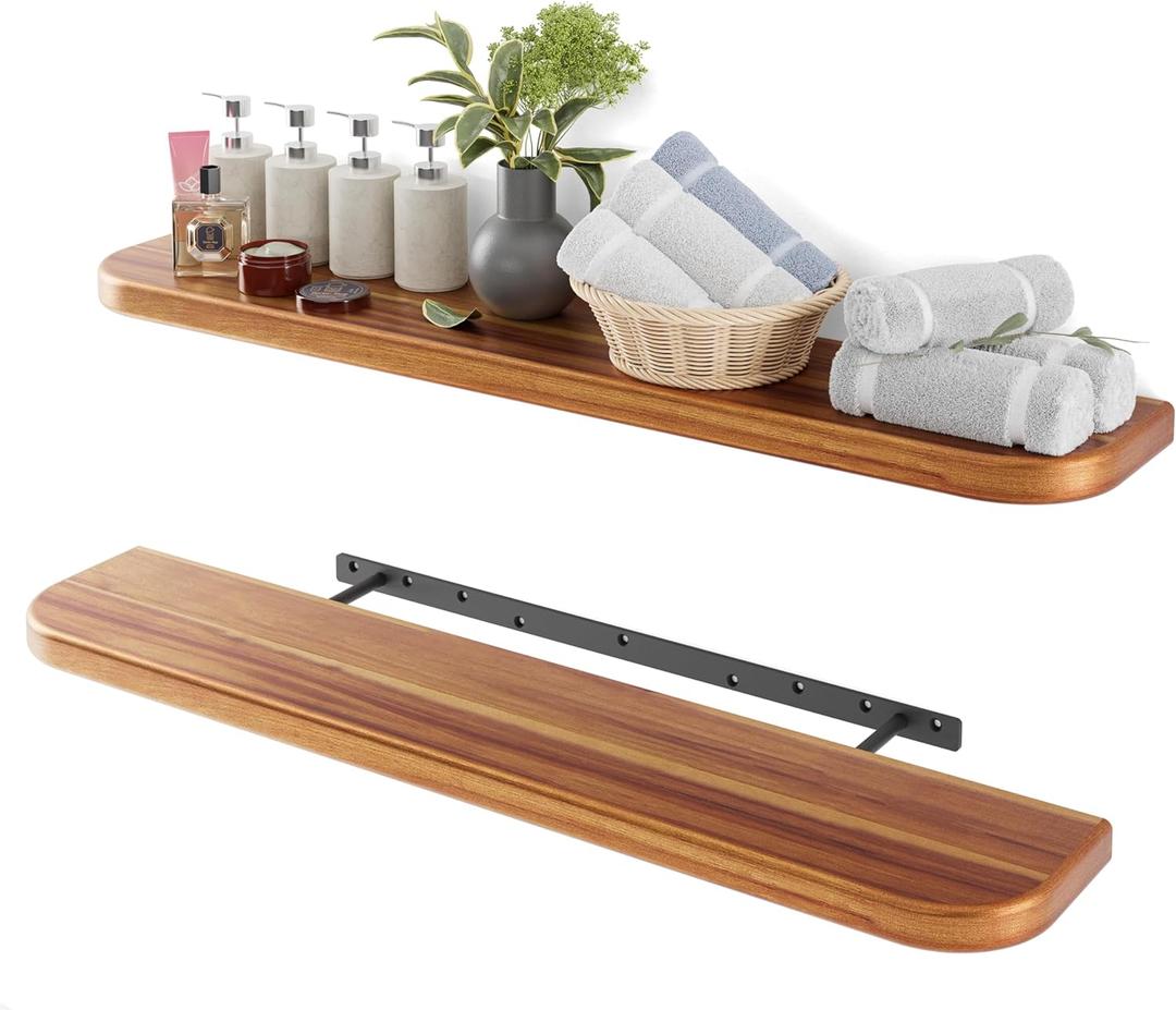 BATODA 36" Acacia Wood Floating Shelves Wall Mounted (Round Edge)  Rustic Farmhouse Wooden Wall Storage Shelf for Bedroom, Kitchen - Brackets and Shelving Hardware Included (Acacia,36 Inch Length)