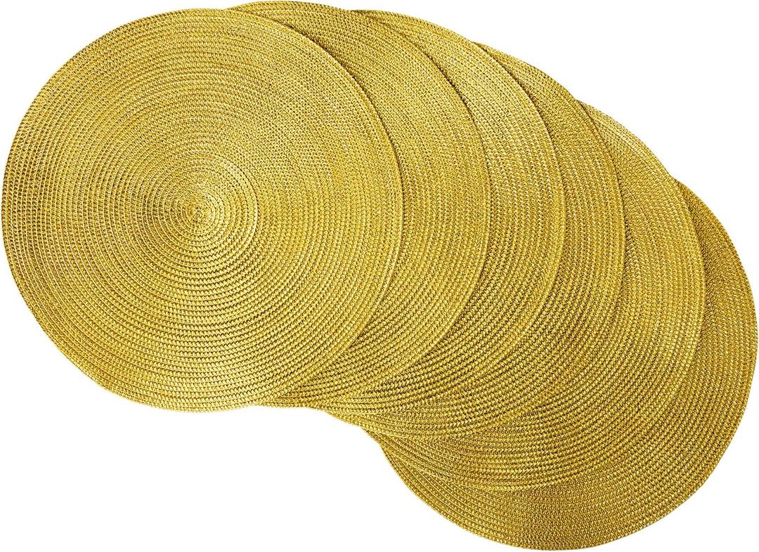Woven Placemats Collection Metallic Round Placemat Set, 15", Gold, 6 Piece