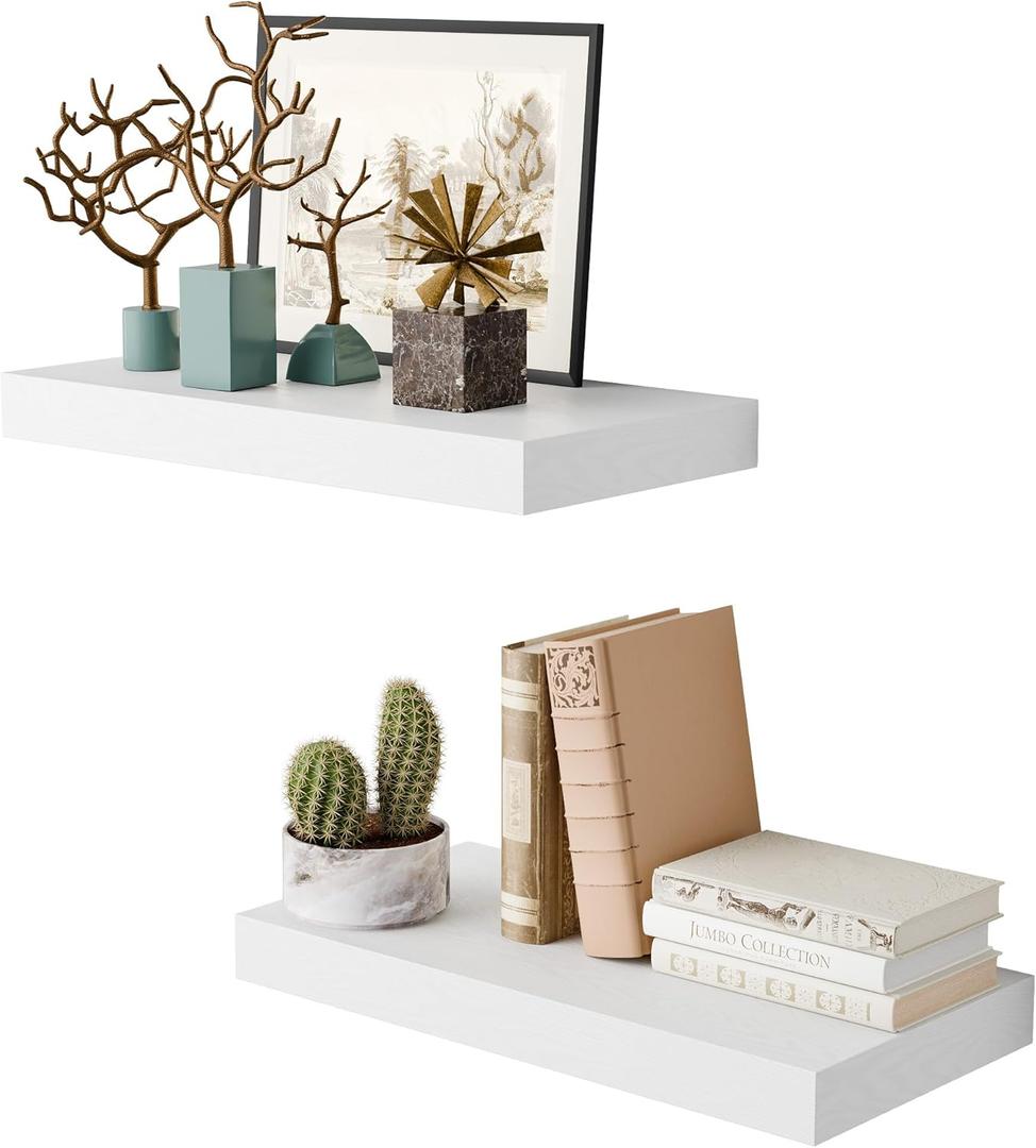 White 16 Inch Floating Shelves for Wall, 8 Inch Deep Floating Shelves Set of 2, Wall Shelves for Bathroom Over Toilet, Live Edge Shelf with Invisible Brackets for Bedroom, Home Decor