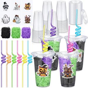 24 Set Creative Halloween Classroom Favor Trick or Treat Plastic Cup with Lid Colorful Straw Sticker and Raffia Treat Loot Bag Set for Kid Student Halloween Party Favor School Class Gift Idea
