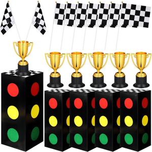 36 Pcs Race Car Party Decorations Set 12 Traffic Light Boxes 12 Racing Checkered Flags and 12 Gold Trophy for Racing Car Theme Birthday Party Supplies Table Centerpiece Decorations