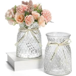 SOJOCK 2PACK Glass Flower Vases(Flowers NOT Included),6.3" High Diamond Pattern Vases,Vintage Vases for Centrepieces,Wedding Decorations,Home Table Flower Decorations