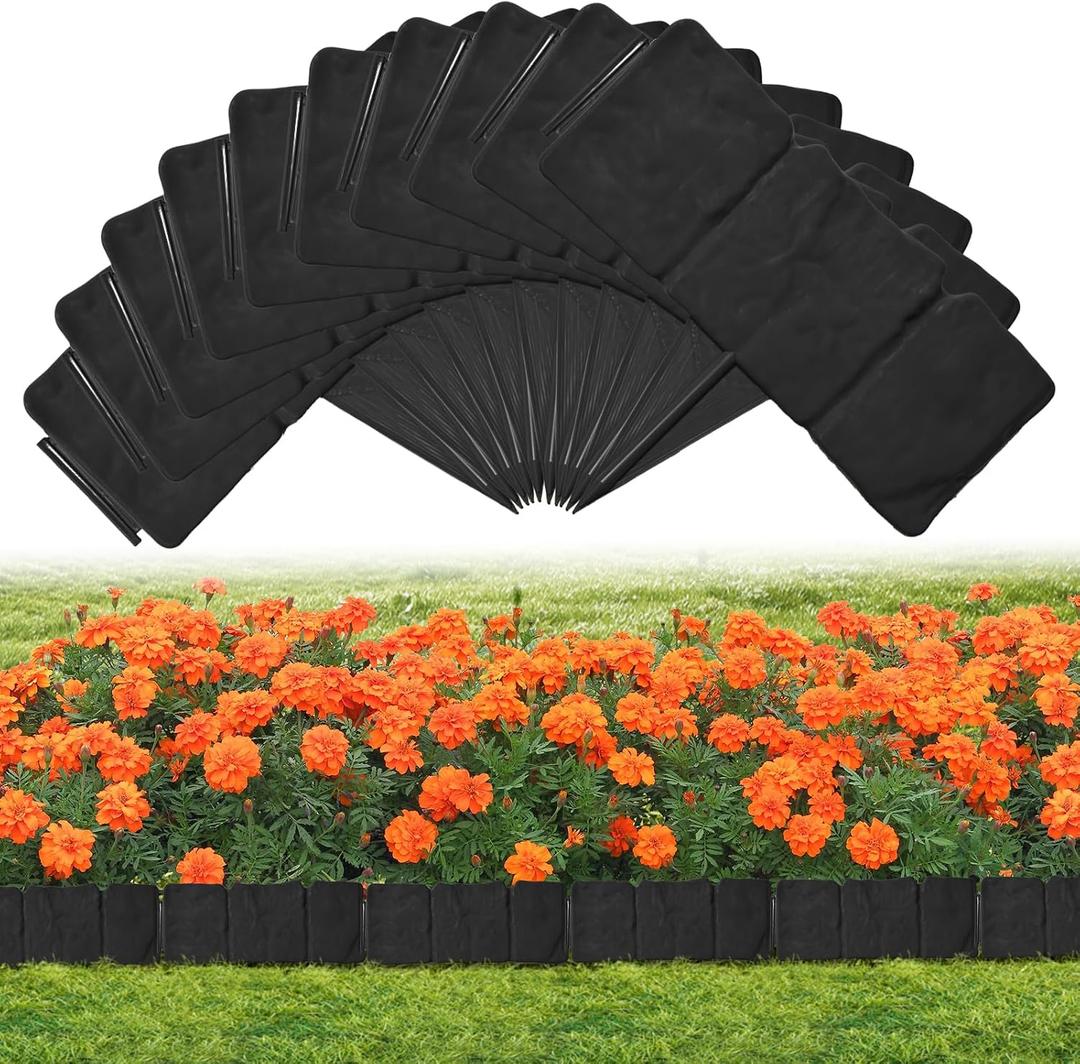 Garden Landscape Edging Borders No Dig,16 ft Lawn Edging for Landscaping,Plastic Fencing Lawn Border,Imitation Stone Fence for DIY Outdoor Patio Balcony Yard Landscaping (20pcs, Black)