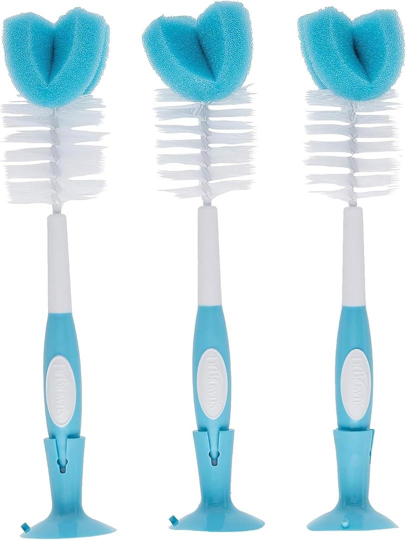 Dr. Brown's Reusable Sponge Baby Bottle Cleaning Brush Set with Suction Cup Stand, Scrubber and Nipple Cleaner, Blue 3Pack