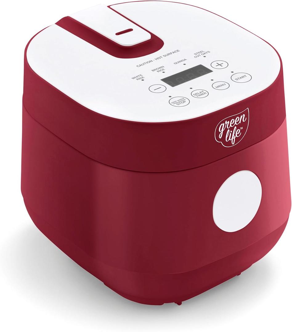GreenLife Rice Cooker Digital 4-Cup (Cooked), Keep Warm, 4 Presets, Red