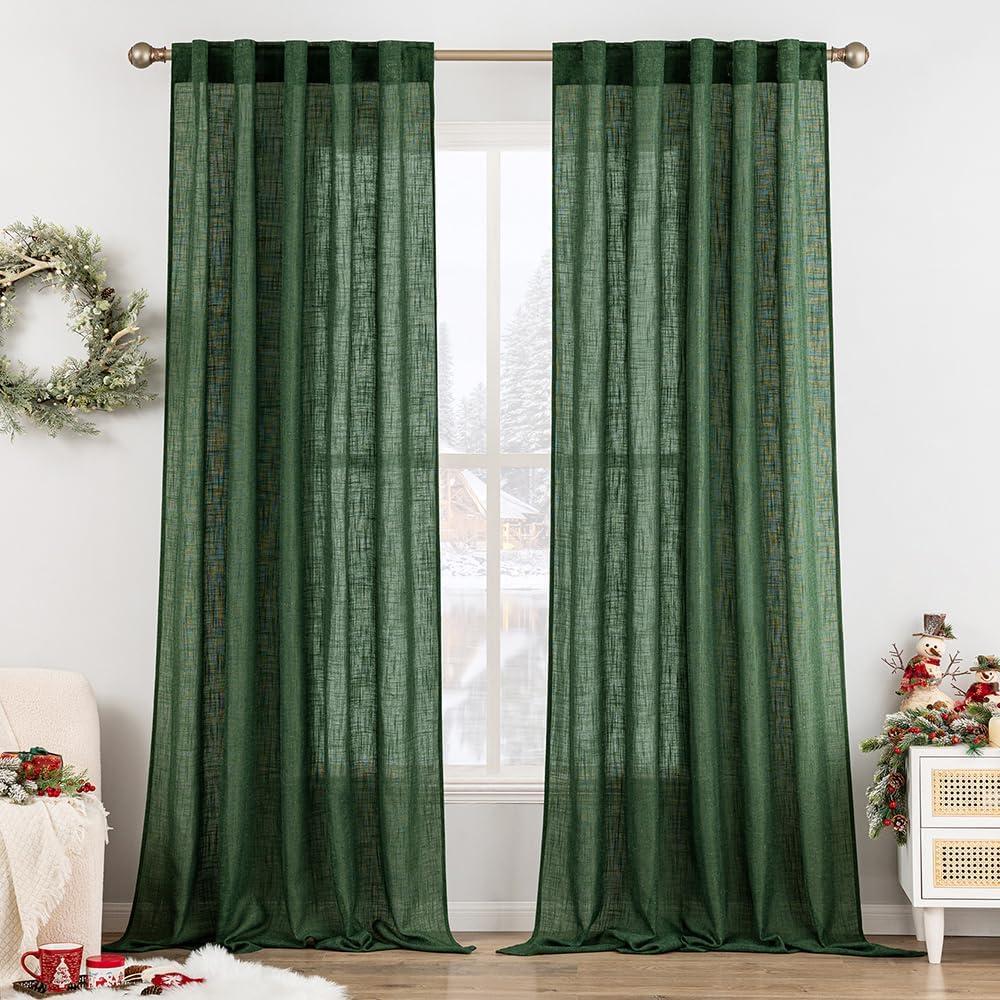 MIULEE Emerald Green Linen Curtains 120 Inches Long for Bedroom Living Room, Christmas Soft Thick Linen Textured Window Drapes Semi Sheer Light Filtering Back Tab Rod Pocket Burlap Look, 2 Panels, Emerald Green