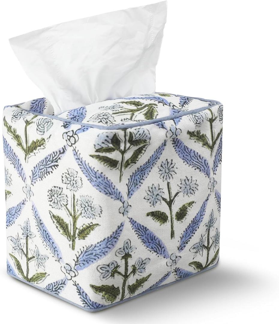 Mimorou Blue Fabric Tissue Box Cover - Floral Print Tissue Box & Decorative Square Napkin Holder Handmade Cotton for Home Bedroom Vanity Countertop Night Stands Office