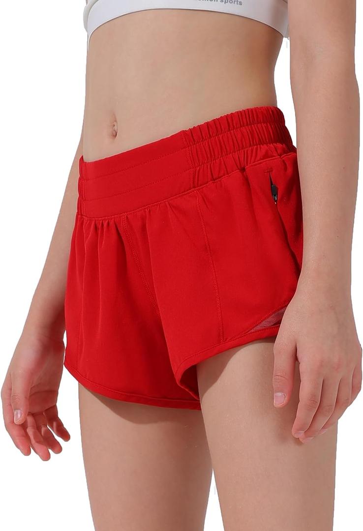 Aurefin Girls Athletic Shorts, Lightweight Running Shorts for Teen Girls Kids Sports Active Short with Zip Pocket and Elastic (X-Small, Red)