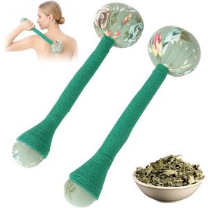 2PCS Long Size Lymphatic Drainage Hammer, Manual Body Massage Hammer, Anti Slip Longer Handheld Herbal Massage Hammer with Two Ends for Back Pain Relief (Light Green)
