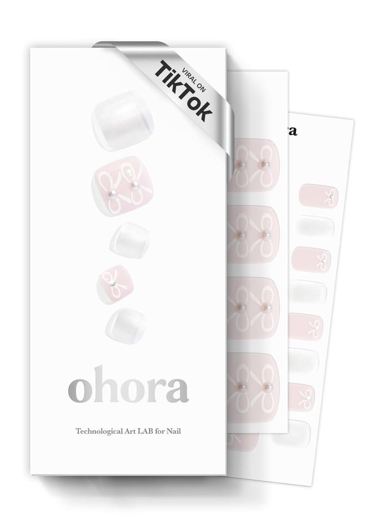 ohora Semi Cured Gel Pedi Strips (P Lily) - White, Gemstone, Works with Any UV/LED Lamps, Salon-Quality, Long Lasting, Easy to Apply & Remove - Includes 2 Prep Pads, Nail File & Wooden Stick