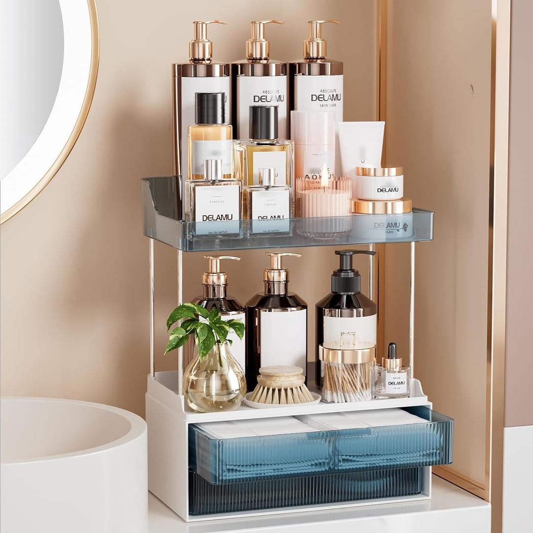 Delamu Bathroom Organizers and Storage, 2-Tier 2-Drawer Makeup Organizer Countertop, Easy to Install, Ideal for Bathroom Storage, Vanity, Large Skincare, Perfume, Present, and More, Blue (1 Pack)