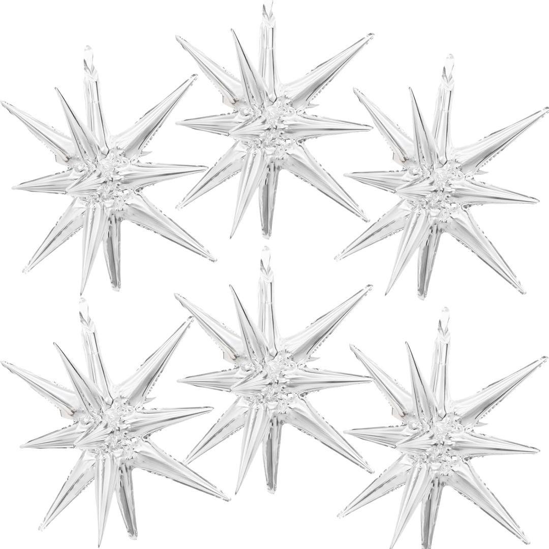 6 Pieces 27 Inches Silver Explosion Balloons, Large 14-Pointed One-Piece Cone Stars Fireworks Aluminum Foil Balloons for Birthday New Year Eve Graduation Christmas Backdrop Party Decorations