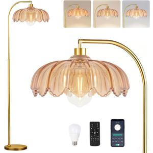 Gold Floor Lamp for Living Room,Bedroom,Mid Century Modern Standing Lamp with Remote,Dimmable Brass Tall Lamp Amber Glass Lamp Vintage Retro Arc Floor Lamps Flower Floor Light Boho Bohemian