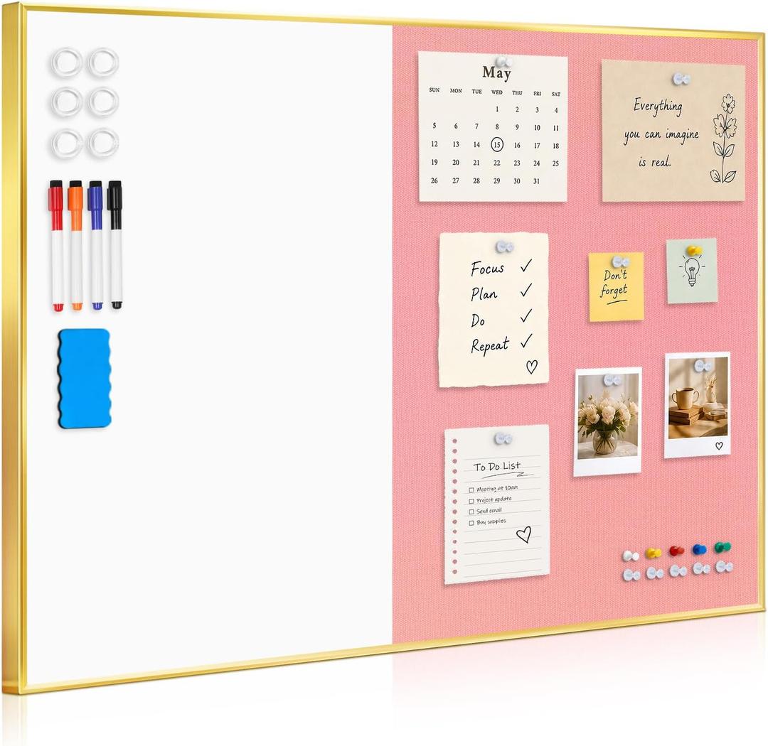 Whiteboard Bulletin Board Combo, 24"x18" Dry Erase Linen Cork Board