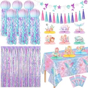 14 Pcs Mermaid Party Decorations, Under The Sea Birthday Party Supplies Kit with Jellyfish Lanterns, Fringe Curtains, Tablecloths & Centerpieces for Baby Shower, Ocean Theme Decor