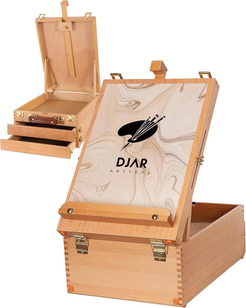 DJAR Large Sketchbox with 3-Drawer Storage, Adjustable Beech Wood Desktop Easel for Painting, Portable Wooden Tabletop Easel for Canvas, Drawing, Art Supplies, Adults, Beginners, Artists, Natural