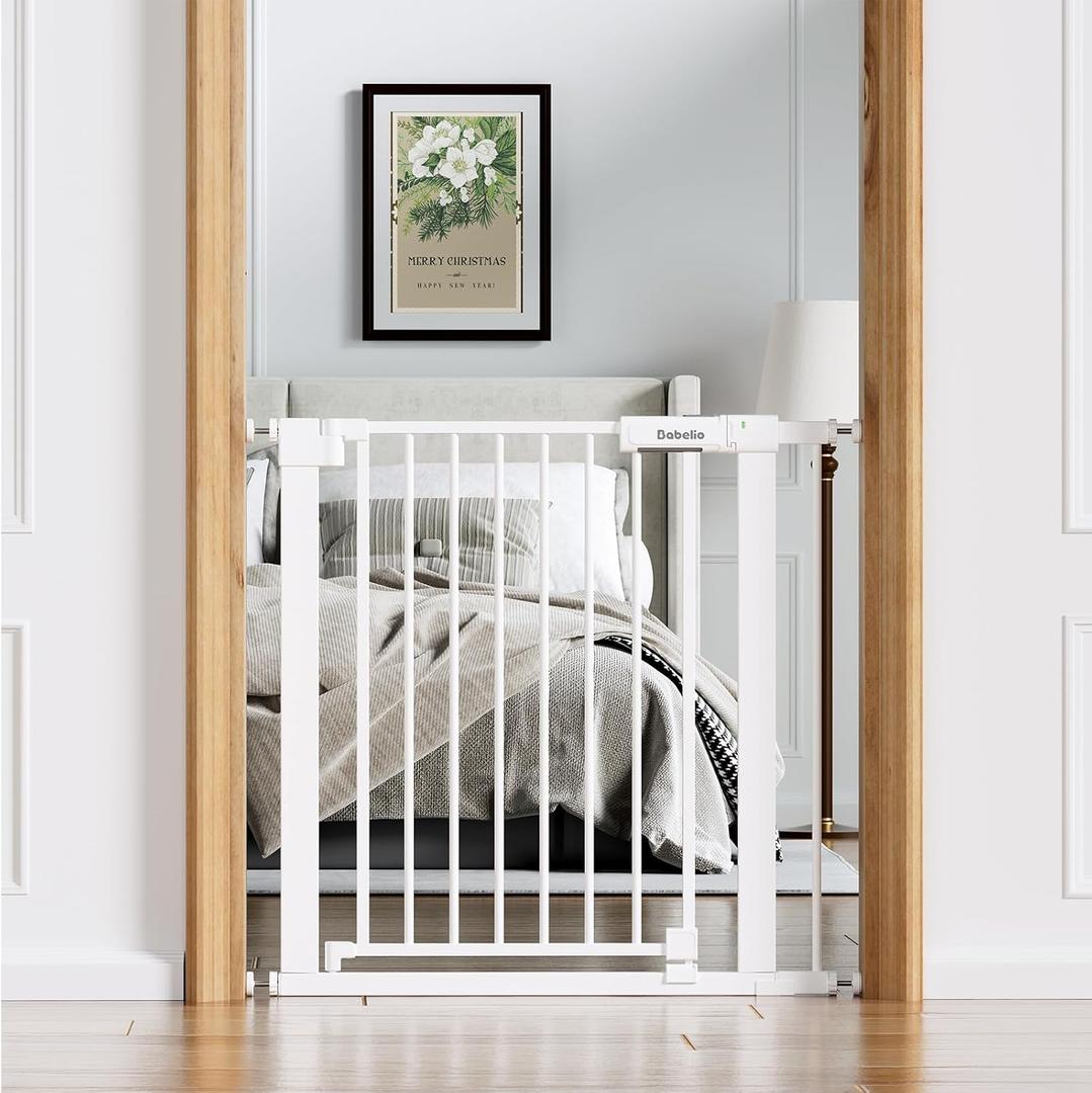 Babelio Baby Gate for Doorways and Stairs, 31-36" Pet Gate with Wide Walk Thru Door and Lock Indicator, No Drill Pressure Mounted Safety Gate with Double Lock and Self-Closing, White