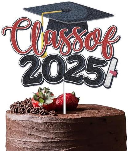 Pack of 5, Class of 2025 Graduated Cake Topper,Congratulations 2025 Cake Topper, Senior High School University Postgraduate 2025 Graduation Party Decorations (Red)