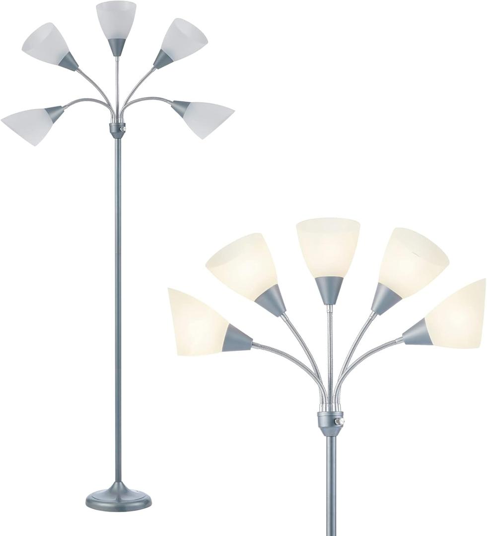 HonoDing Medusa Floor Lamps Standing Lamps 5 Heads Adjustable Reading Light Large Shade Use E26 A19 Bulb Floor Lamps for Living Room Bedroom (Silver)