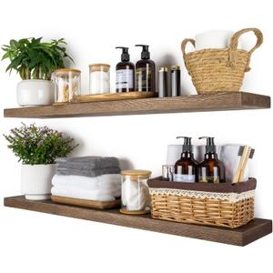 BGMG 36 inch Walnut Floating Shelves for Wall Set of 2, Solid Real Wood Rustic Mount Shelves for Living Room Bedroom Kitchen Farmhouse with Sturdy Hidden Bracket-36x 6.7 x1.25 inch