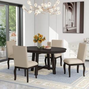 RITSU 5-Piece Farmhouse Round Retractable Dining Table Set with 4 Upholstered Dining Chairs, Copper Ingot Trim, MDF and Rubber Wood for Living Room, Apartment,Espresso