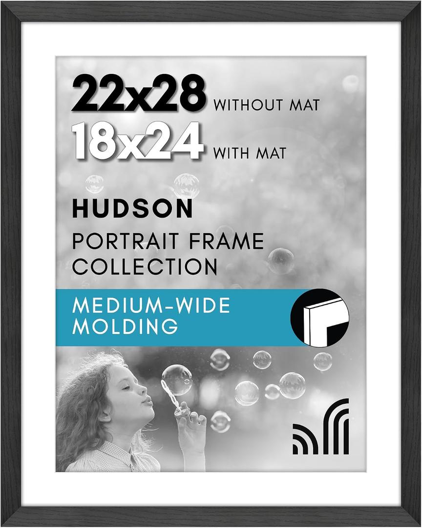 Americanflat 22x28 Poster Frame with Polished Plexiglass - Use as 18x24 Frame with Mat - Hudson Collection - Wide Picture Frames for Wall Display - Black