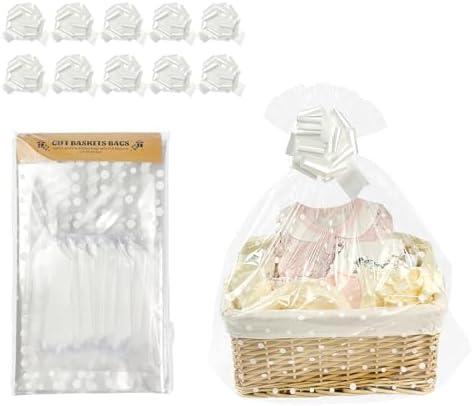 EKAPACKAGING 22x25 Inches 10 Pcs Large Cellophane Bags for Gift Baskets, Plastic Gift Basket Wrapping with Pull Ribbons, Clear Cellophane Gift Bags for Party, Mother’s Day, Baby Showers, Christmas