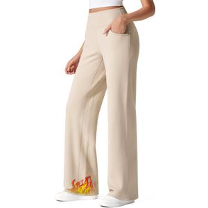 G4Free Fleece Lined Pants Women Wide Leg Work Trousers with Pockets High Waisted Sweatpants for Casual Dress Winter (Medium Petite, Light Khaki)