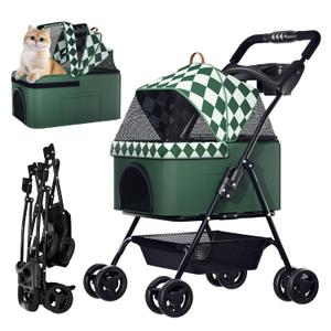 Foldable pet Stroller for Cats with Detachable Weather Cover, 4 Wheels Pet Strolling Cart for Dogs and Cats with Storage Basket and Cup Holder (Green）