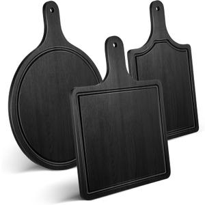 Geetery 3 Packs 12 Inch Black Wood Chopping Boards with Handle and Deep Juice Groove Small Bamboo Wooden Pizza Paddle Serving Boards Tray Charcuterie Plank Chopping for Cheese Steak Bread