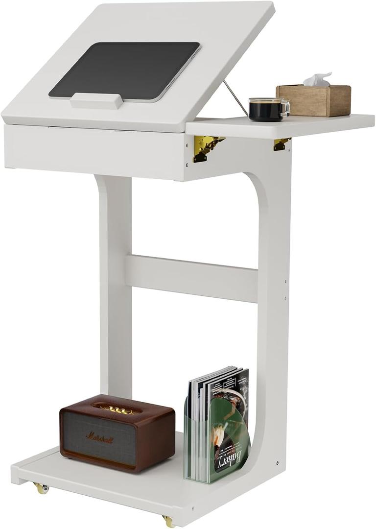C-Shaped End Table, Solid Wood Rolling Side Table with Lockable Wheels, Couch Tables with Adjustable Desktop &Multi-functional Folding Tray, Small Side Table for Couch, Living Room, Bedroom Tall 30", 15.7" D x15.6" W x30" H