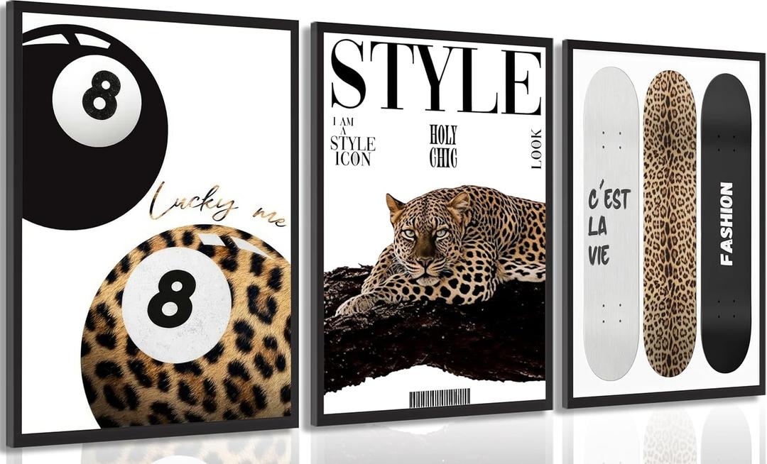 3Pcs Trendy Leopard Wall Art Preppy Aesthetic Stylish Leopard Painting Picture Wall Decor Funky Lucky 8 Ball Cheetah Poster Print Artwork for Bedroom Living Room Bathroom Home Decoration Unframed (16"L x 12"W)