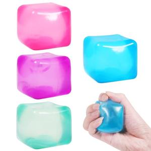 4pack Stress Cube Squishy Stress Balls for Adults Kids Fidget Toy for Your Best Mellow and Chill -Ice Cubes-Square Shape with Filling in Pink Blue Purple Green -Age 3 to Adult(4pcs Cube)