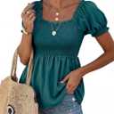 Womens 2025 Summer Puff Short Sleeve Babydoll Tops, New Blue Green (XXL)