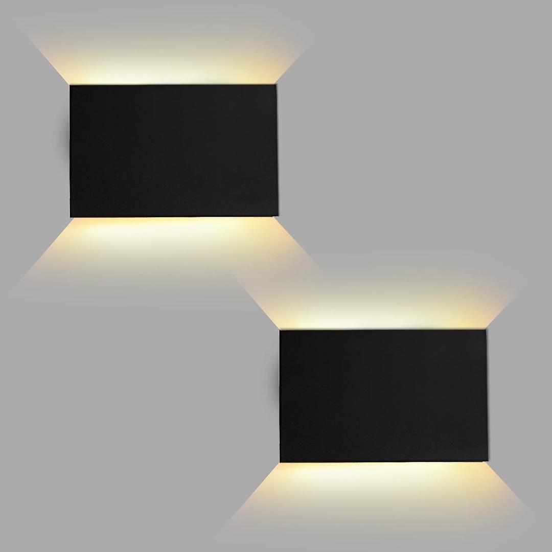 FUDESY LED Wall Sconce, Black Plastic Modern Wall Light Fixtures, Indoor Outdoor Up and Down Wall Lighting for Living Room Bedroom Hallway Corridors, 3000K, Warm White, 2-Pack