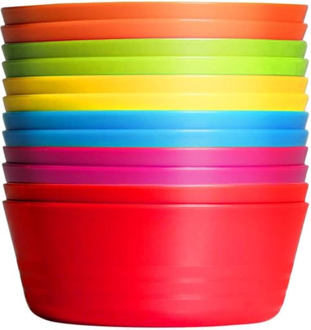 PLASKIDY Kids Plastic Bowls Set of 12, 10 Ounce Microwave Dishwasher Safe BPA Free Non Toxic Toddler Bowls 6 Bright Colors for Cereal, Soup, Snack, for Kids & Toddlers