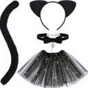Hotop 3 Pcs Black Cat Costume Set - Girls Cat Cosplay with Ears, Tail, Tutu Skirt for Kitty Halloween Dress Up Party