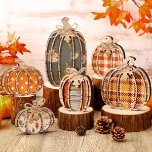 Leinuosen 6 Pcs Thanksgiving Pumpkin Decor Fall Decor for Home Pumpkin Wooden Block Sign Fall Tiered Tray Decorations Thanksgiving Table Centerpieces Decorations for Harvest Party Home Kitchen Shelf