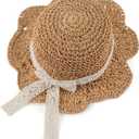 Baby Girl Straw Hat Outdoor Baby Sun Protection Hats Summer Bowknot Beach Cap for Infant Toddler Girls (6-24 Months, Lace Bow-khaki)