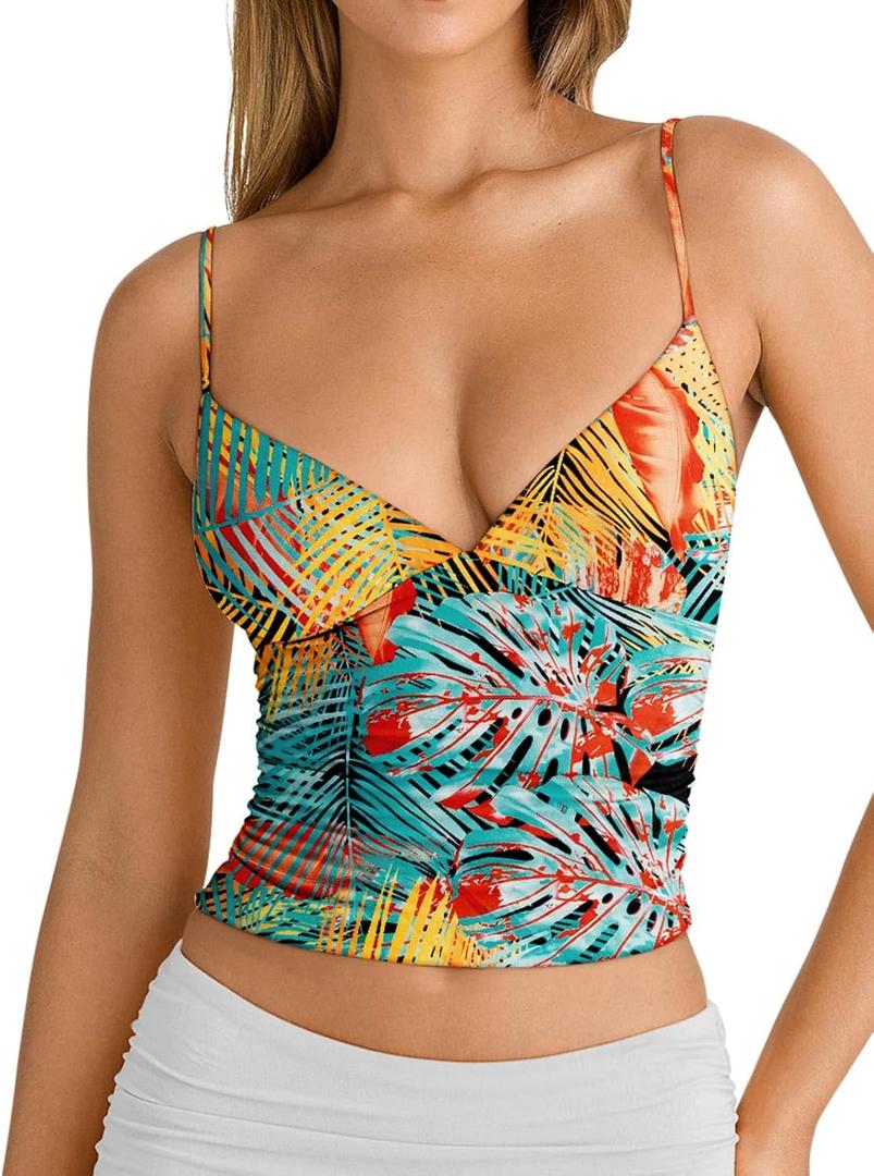 PINKMSTYLE Women's Sexy V Neck Ruched Cami Top Sleeveless Spaghetti Double Layer Fitted Crop Tank Tops (S)