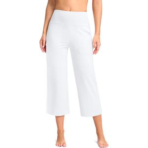 Women's Capri Pants with Pockets High Waist Yoga Pants Wide Leg Workout Crop Summer Pants for Casual, Travel, Exercise(White, XL)