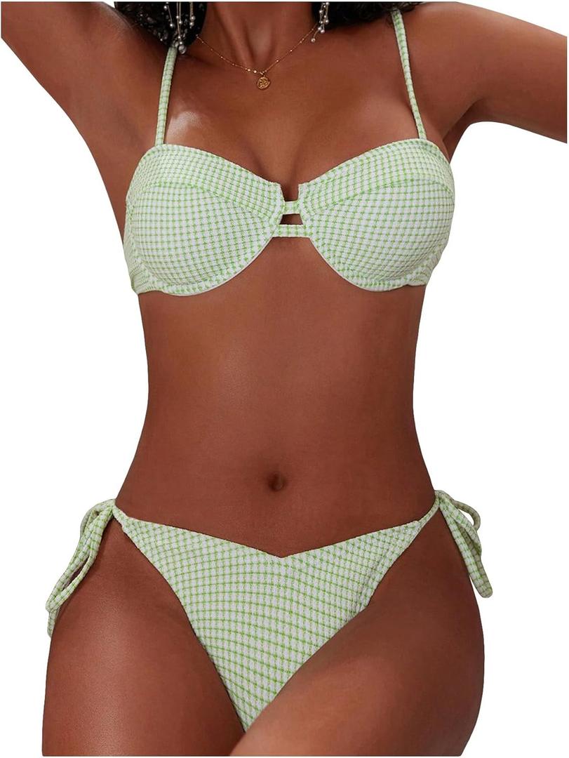 SweatyRocks Women's Two Piece Bikini Set Gingham Plaid Push Up Swimsuit String Cheeky Bathing Suit (X-Large, Lime Green)