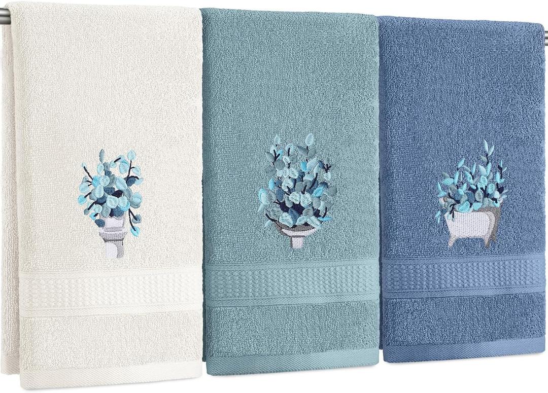 3 Pcs Blue Eucalyptus Leaves Hand Towels Botanical Bathroom Decor Embroidered Floral Leaves Farmhouse Blue Decorative Towels for Bathroom Kitchen, 100% Cotton, 13.3 x 29.5''