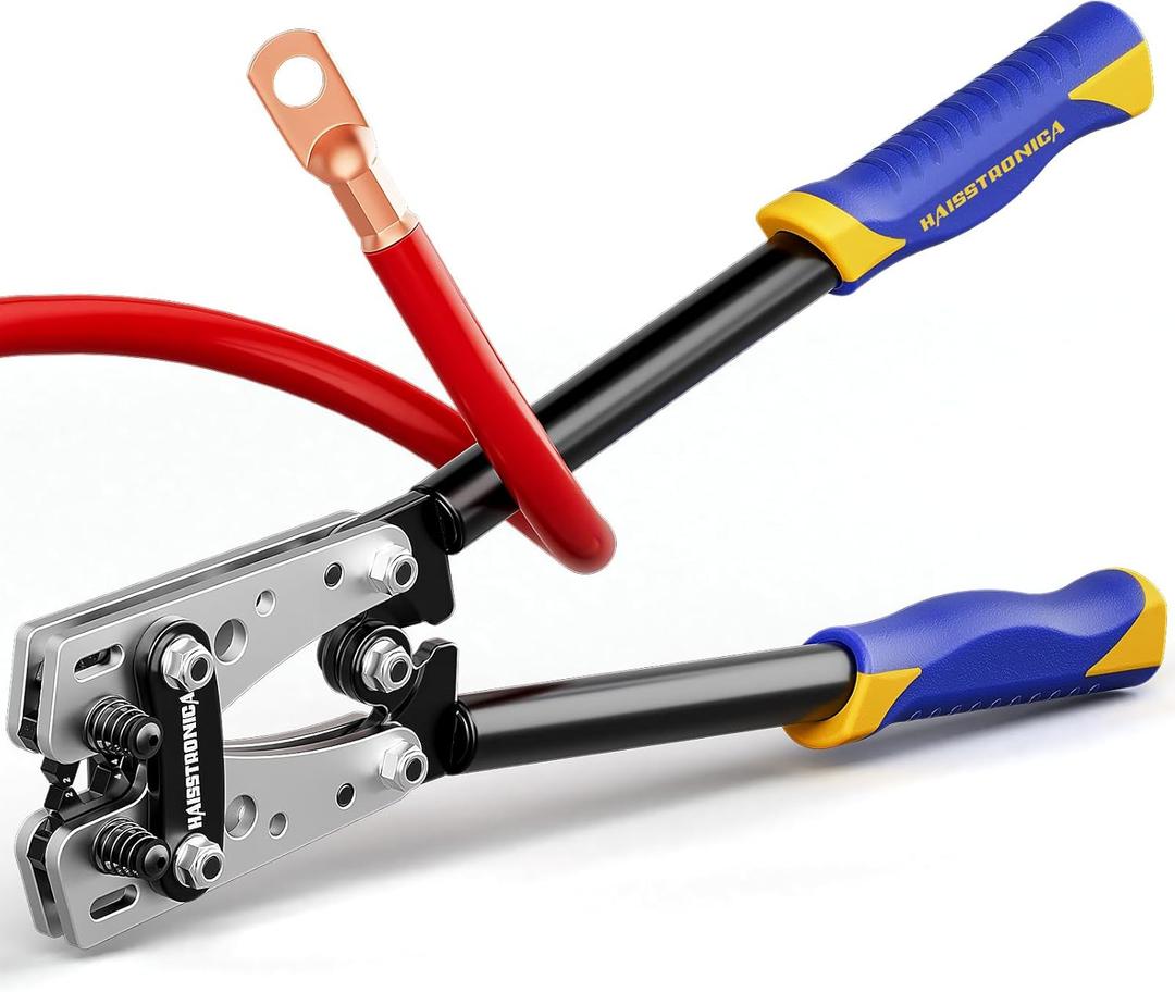 haisstronica Heavy Duty Battery Cable Crimping Tool Kit-Ratchet Hex Extended Handle Crimper for 8,6,4,2,1,1/0 AWG Copper Lugs