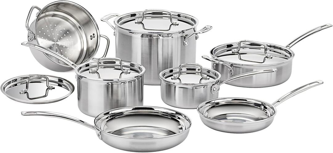 Cuisinart 12-Piece Cookware Set, MultiClad Pro Triple Ply Stainless Steel Cookware Set, Heat Surround Technology, Cool Grip Stick Handles, Oven Safe Up to 500F, MCPS-12N, Silver