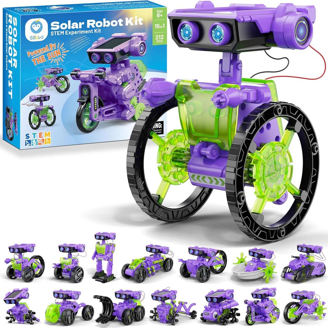 Sillbird Solar Building Robot Kit STEM Gift for Boys Aged 8-12, DIY 15-in-1 Science Educational Toys for Kids Birthday, Solar or Battery Powered Robotic Set with 212 Pieces (Purple-green)