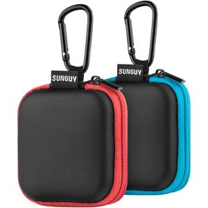 SUNGUY [2-Pack Earbud Case, Portable Square Earphone Carrying Cases with 2 Carabiners for Earphones, Earbuds, Earpieces, SD Memory Card, Camera Chips - Red+ Blue